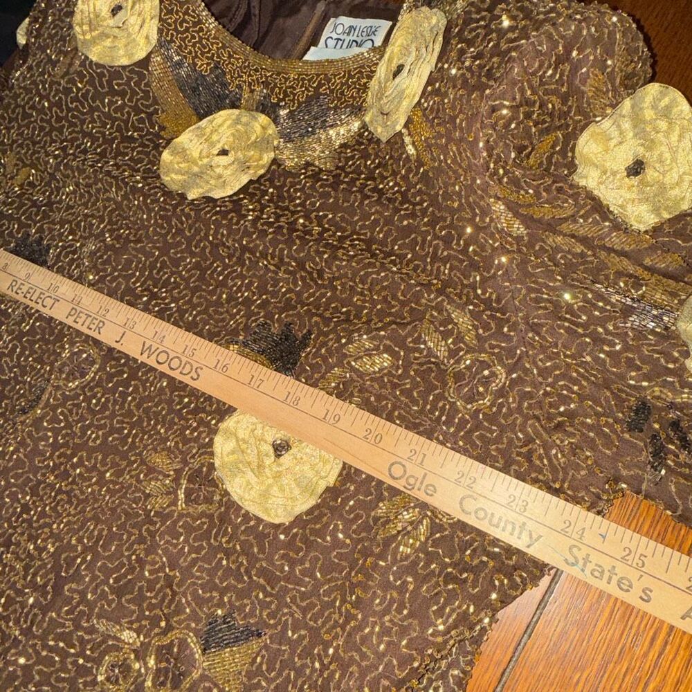 Vintage Joan Leslie Studio Silk Beaded Floral Top Saks Fifth Avenue 2X Brown Gol - Picture 10 of 15